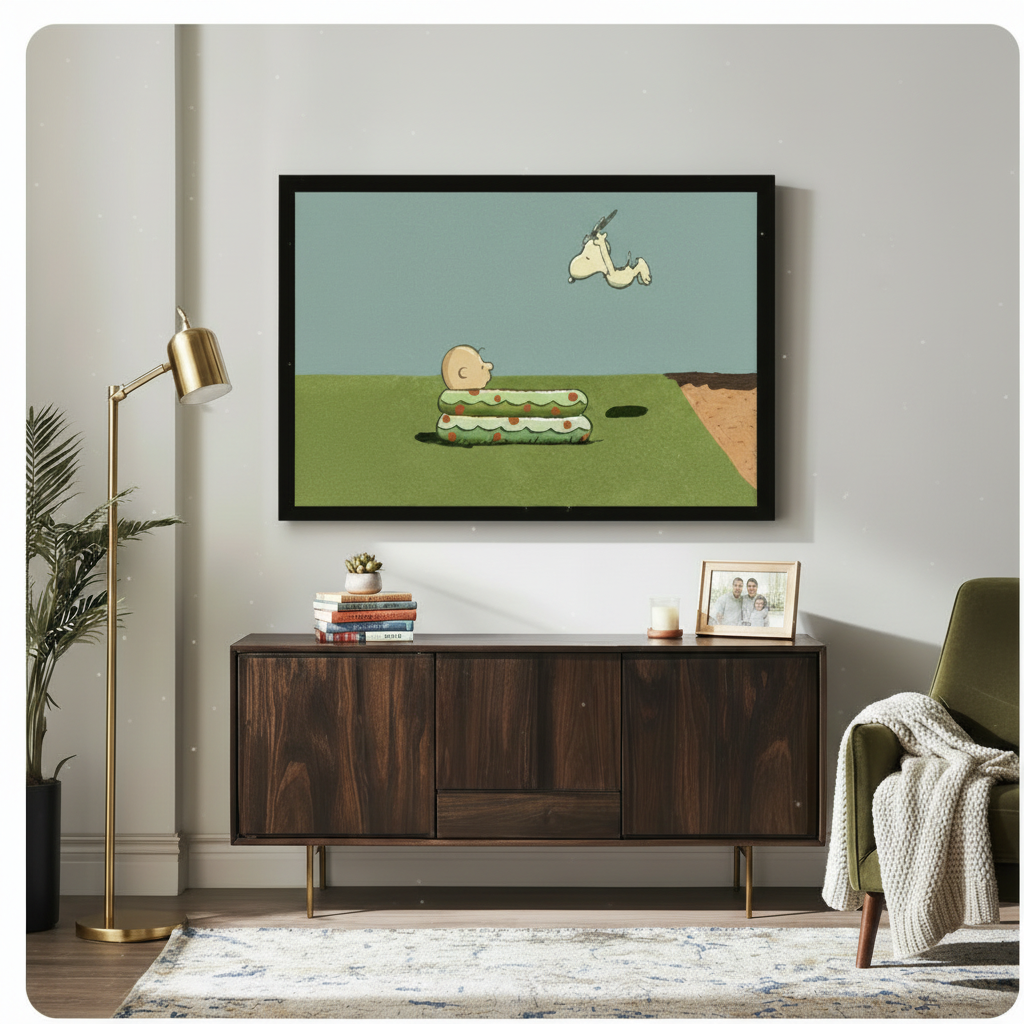 Framed retro cartoon illustration Snoopy leaping in air above Charlie Brown trapped in a layered grass hole on open field canvas print above dark walnut sideboard on light grey wall - funny Peanuts inspired pop art wall art with soft teal sky and gold floor lamp for modern living room decor