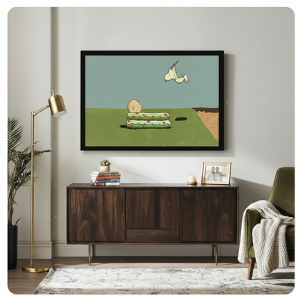 Framed retro cartoon illustration Snoopy leaping in air above Charlie Brown trapped in a layered grass hole on open field canvas print above dark walnut sideboard on light grey wall - funny Peanuts inspired pop art wall art with soft teal sky and gold floor lamp for modern living room decor