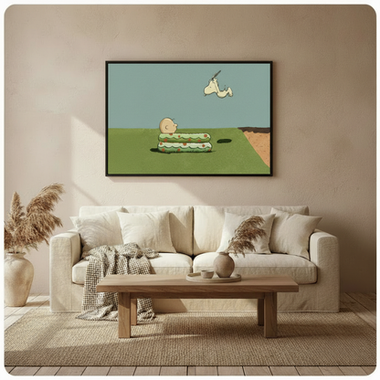 Framed retro cartoon illustration Snoopy leaping in air above Charlie Brown trapped in a layered grass hole on open field canvas print above cream sofa on warm beige wall - funny Peanuts inspired pop art wall art with soft teal sky for stylish Scandinavian living room decor