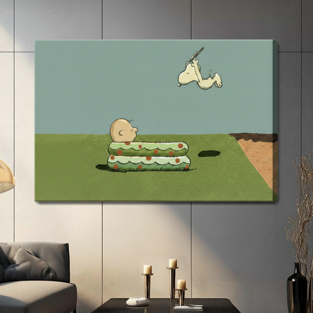 Unframed retro cartoon illustration Snoopy jumping in air while Charlie Brown is trapped in a layered grass hole on open field canvas print on dark grey tile wall in contemporary living room - funny Peanuts inspired pop art wall art with muted teal sky for modern interior decor