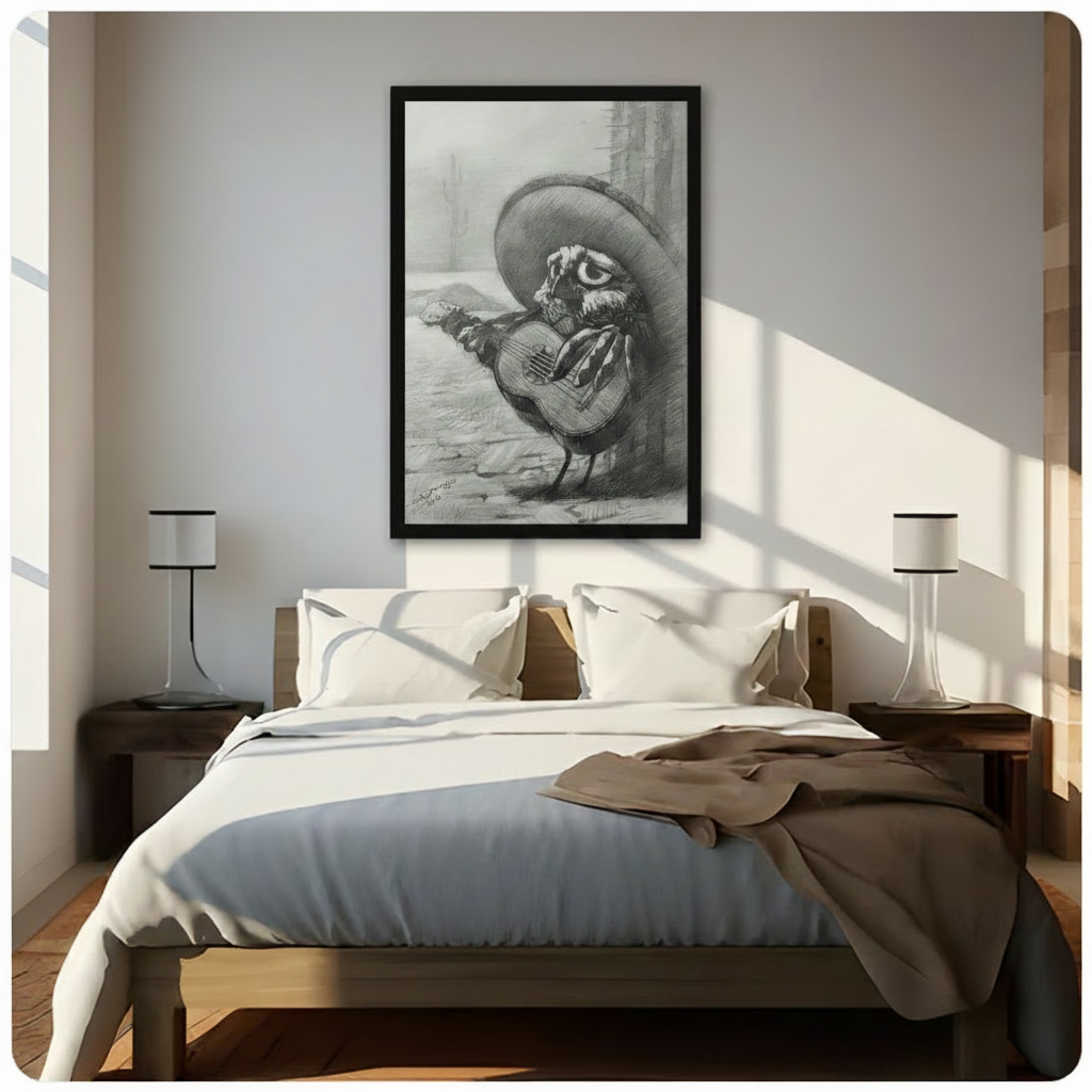 Mariachi owl in sombrero playing guitar framed print above bed in sunlit minimalist bedroom, black and white sketch style funny bird musician poster for bedroom wall decor