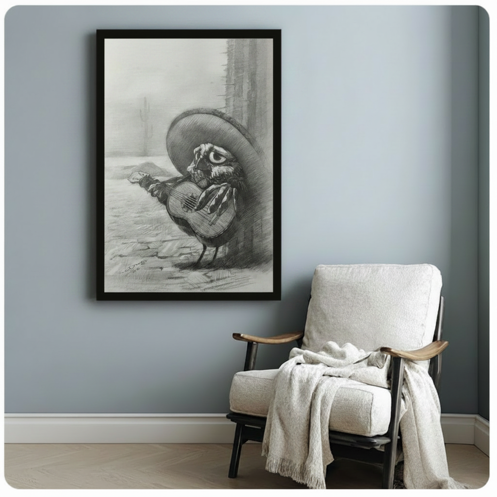 Funny mariachi owl with sombrero and guitar framed poster beside cozy armchair, pencil sketch style black and white bird musician wall art in black frame
