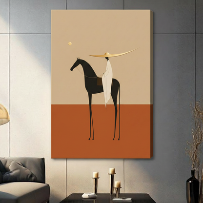 Minimalist flat illustration of a faceless rider in a white robe wearing an oversized wide-brim gold sombrero riding a slender black horse against a split sand beige and burnt orange background with a small golden sun desert equestrian wall art stretched canvas in a living room with dark gray panel wall dark sofa and black vase