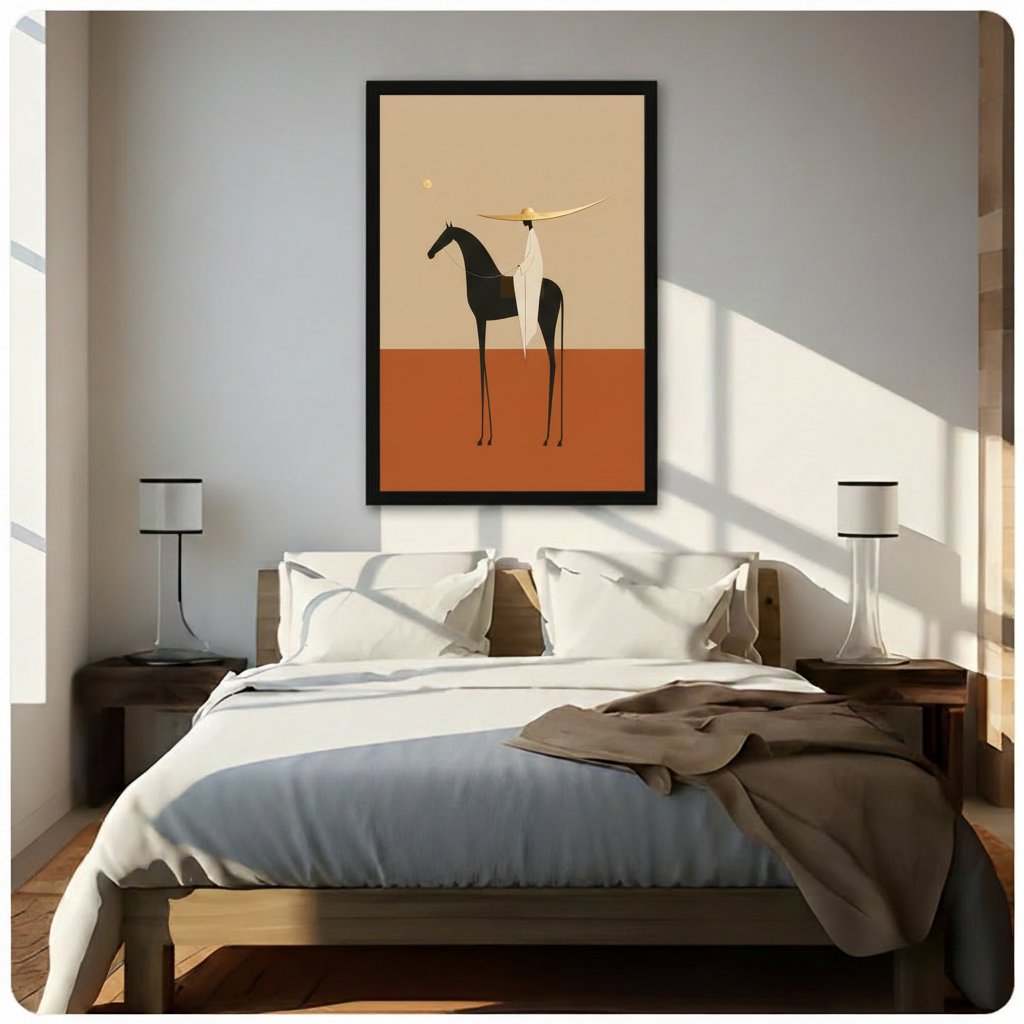 Minimalist flat illustration of a faceless white-robed rider in a wide gold sombrero on a slender dark horse against a warm sand and burnt orange split background with a golden sun dot calm desert equestrian wall art framed print above a bedroom with white linen bedding dark wood bed frame and white table lamps