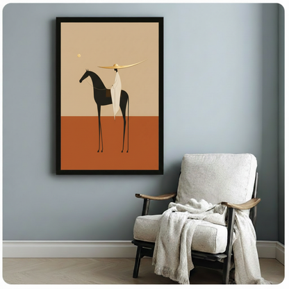 Minimalist flat illustration of a faceless figure in a long white robe and oversized gold sombrero riding a slim black horse on a split sand beige and terracotta orange background with a small gold sun minimalist desert equestrian wall art framed print beside a white linen armchair on a blue gray wall