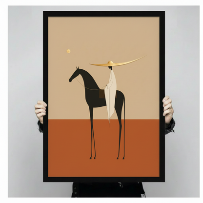 Minimalist flat illustration of a faceless figure draped in white with an oversized gold wide-brim hat riding a lean black horse against a sand beige and terracotta orange color-block background with a small gold sun bold desert equestrian wall art framed print held against a light gray background