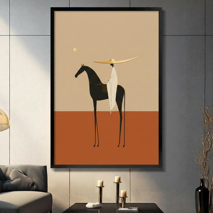 Minimalist flat illustration of a faceless white-robed rider with an enormous gold wide-brim hat on a lean dark horse against a desert sand and burnt orange color-block background with a golden sun dot bold equestrian wall art framed print in a living room with dark gray panel wall dark sofa and black vase