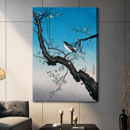 Frameless songbird on plum branch canvas print in Ohara Koson style, teal blue Japanese woodblock bird wall art for contemporary living room