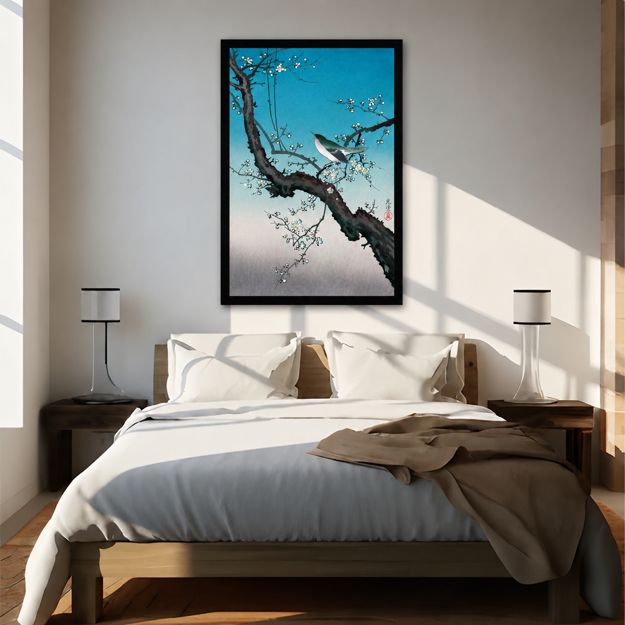 Songbird on plum branch framed wall art above bed in sunlit Japandi bedroom, elegant teal blue Japanese woodblock print for tranquil bedroom decor