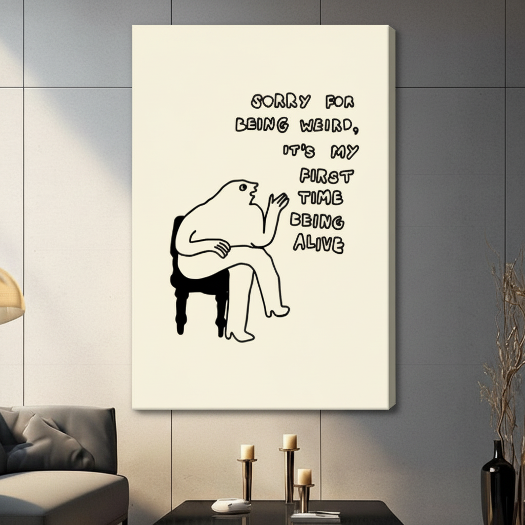 Frameless canvas print of minimalist quirky creature sitting on chair with humorous quote on cream beige background wall decor
