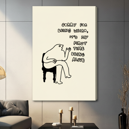 Frameless canvas print of minimalist quirky creature sitting on chair with humorous quote on cream beige background wall decor