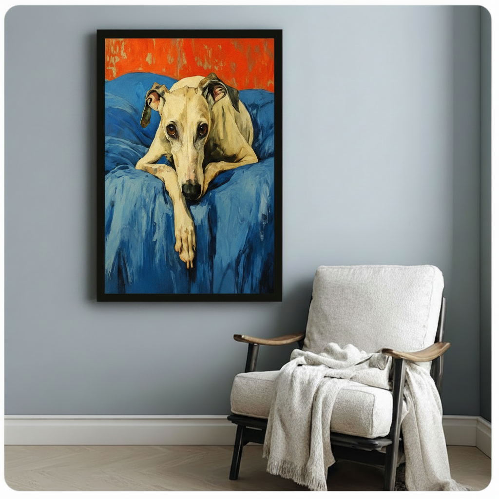 Soulful greyhound dog oil painting framed canvas print hanging above a cozy armchair in a minimalist reading nook, expressive pet portrait wall art