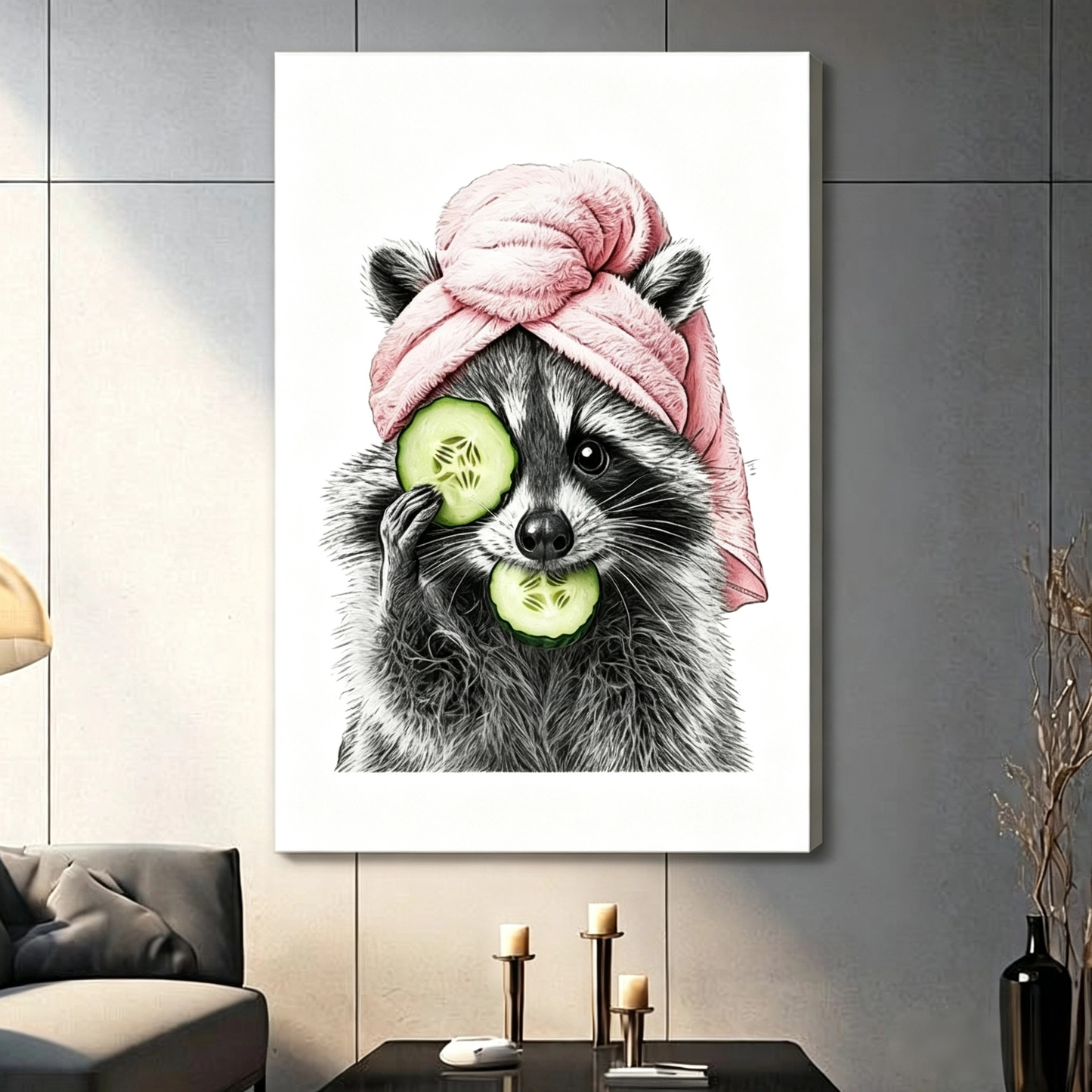 Gallery wrapped canvas of a pencil sketch raccoon wearing a pink towel turban and holding cucumber slices over its eyes, unframed wall art on a dark grey wall above a console table with candle holders in a contemporary living room
