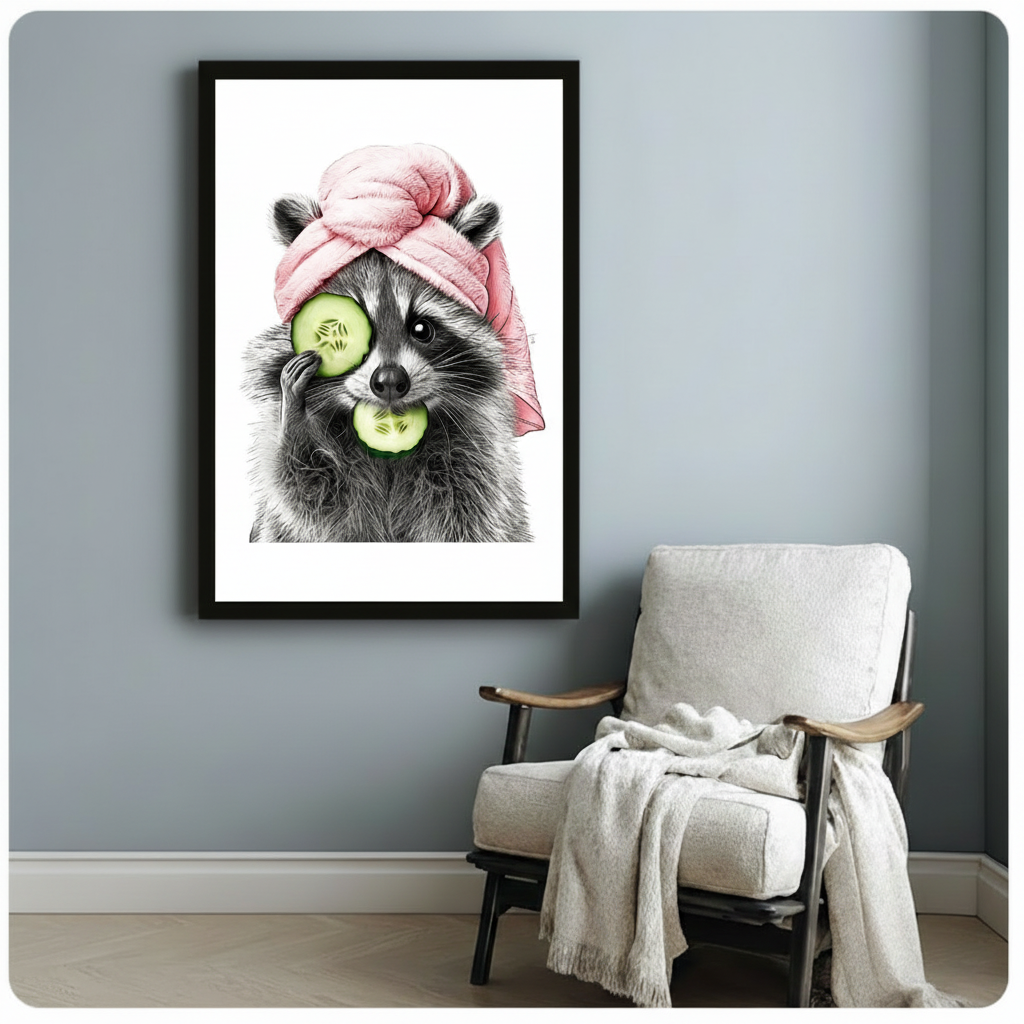 Spa raccoon with pink hair towel and cucumber eye treatment in a black frame on a blue-grey wall beside a wooden armchair draped with a white throw blanket, whimsical animal self-care wall decor for a reading nook