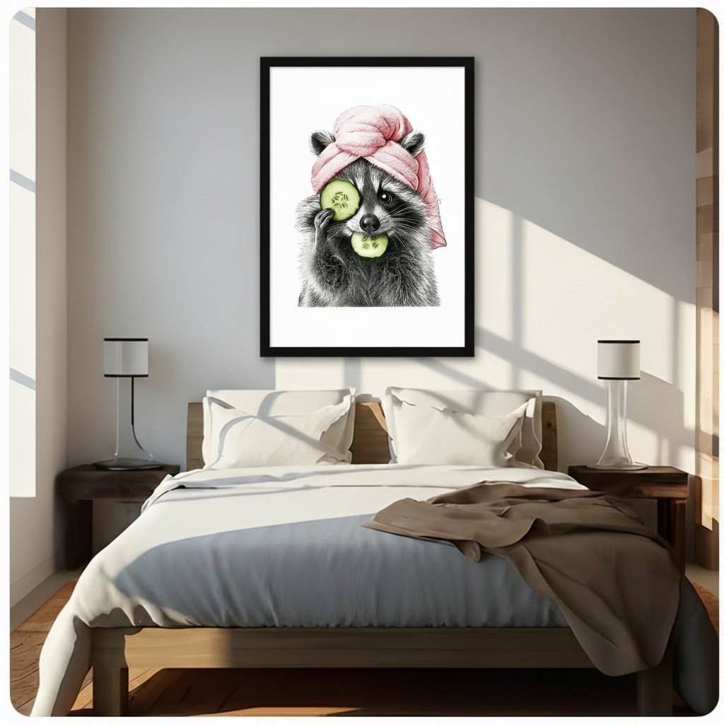 Black framed spa raccoon with pink towel turban and cucumber slices wall art above a dark wood bed with grey-beige linen bedding, a taupe throw blanket, dark wood nightstands, and slim white table lamps in a sunlit modern bedroom