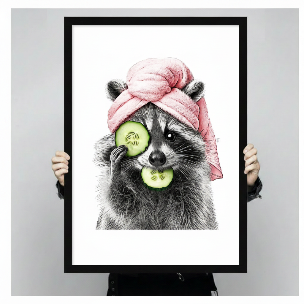 Pencil sketch raccoon with pink towel turban and cucumber slices wall art print in a black frame held up against a light grey backdrop, full front view of funny animal spa poster print
