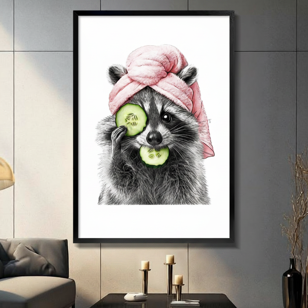 Pencil sketch raccoon with a pink towel turban and cucumber slices in a black frame, hung on a dark grey wall above a console table with candle holders in a modern living room