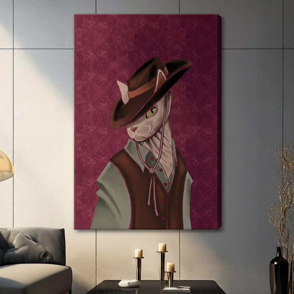 Vintage noir painting of a hairless sphynx cat in a wide-brim brown cowboy hat brown waistcoat and sage shirt with rope necklace against a dark wine red rose-pattern background mysterious cat wall art stretched canvas in a living room with dark gray panel wall dark sofa and black vas