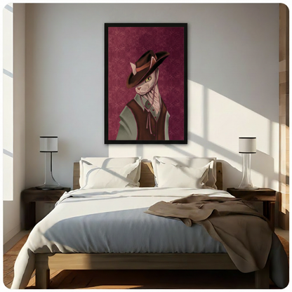 Noir illustration of a sphynx cat wearing a dark brown cowboy hat brown waistcoat and sage shirt with a rope necklace against a rich burgundy rose-pattern background moody vintage cat wall art framed print above a bedroom with white linen bedding dark wood bed frame and cylindrical table lamps