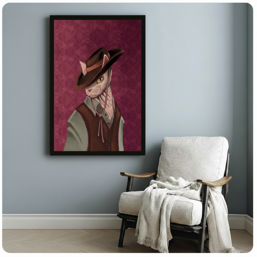 Noir illustration of a sphynx cat with piercing yellow-green eyes in a dark brown wide-brim hat and brown vest against a deep burgundy textured background moody cat portrait wall art framed print beside a white linen armchair on a blue gray wal