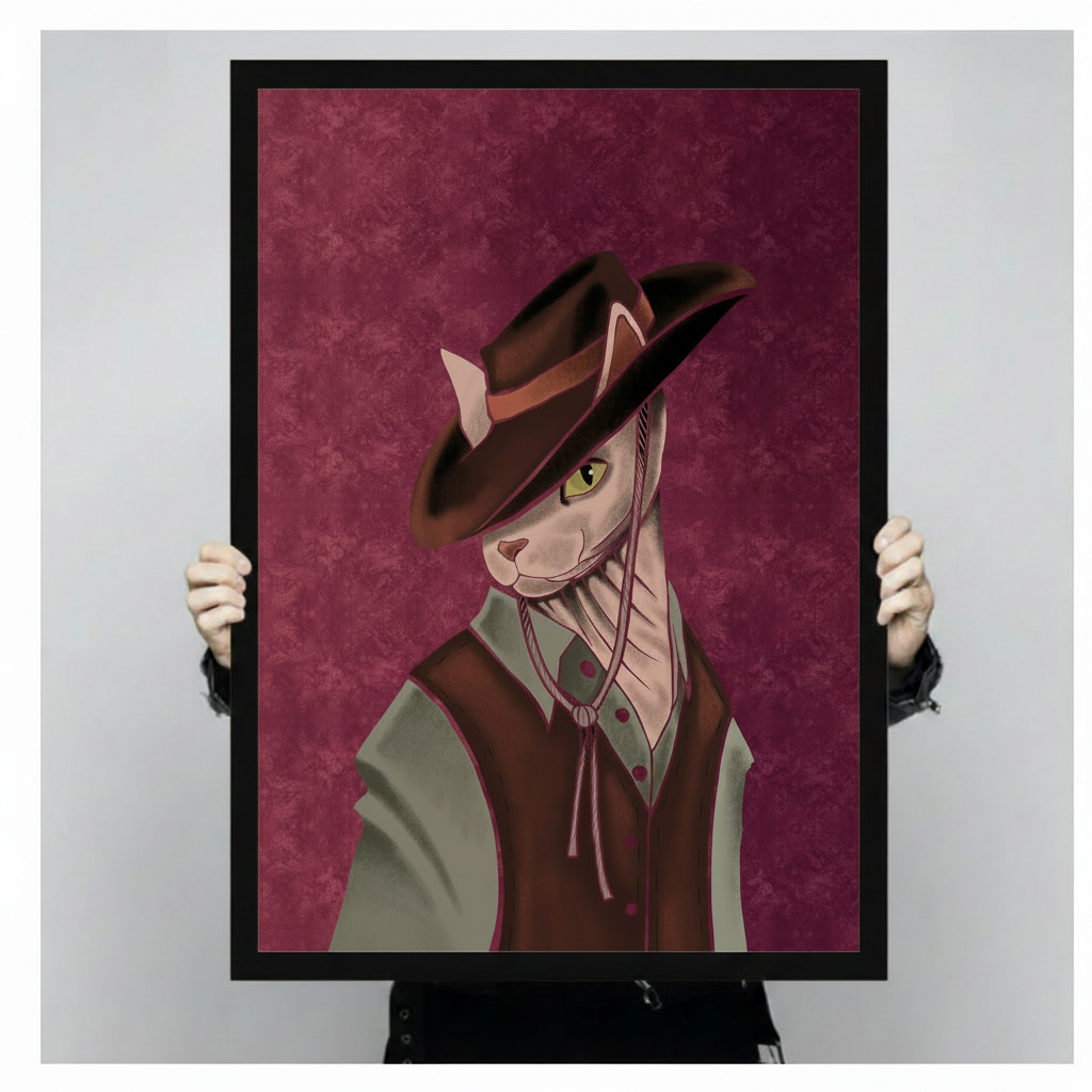 Vintage noir portrait of a hairless cat in a brown cowboy hat sage green shirt and dark vest with rope tie against a deep wine red background dramatic sphynx cat wall art framed print held against a light gray background