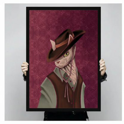Vintage noir portrait of a hairless cat in a brown cowboy hat sage green shirt and dark vest with rope tie against a deep wine red background dramatic sphynx cat wall art framed print held against a light gray background
