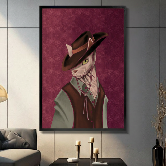 Noir illustration of a sphynx cat with sharp yellow-green eyes wearing a dark brown cowboy hat and brown vest over a sage green shirt against a deep burgundy textured background vintage cat portrait wall art framed print in a living room with dark gray panel wall dark sofa and black vase