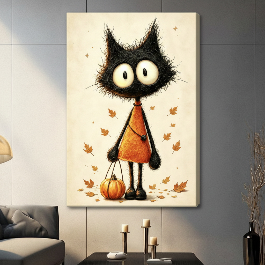 Playful vintage-style illustration of a quirky anthropomorphic black cat character standing front-facing with an oversized fluffy frizzy black head enormous wide round white eyes a very long slender neck wearing a burnt orange triangular A-line dress a black beaded choker necklace and a fine chain bag strap dangling a small round orange pumpkin by a cord surrounded by floating golden autumn leaves and small star accents on a warm antique cream parchment background Halloween whimsical black cat fall art stre