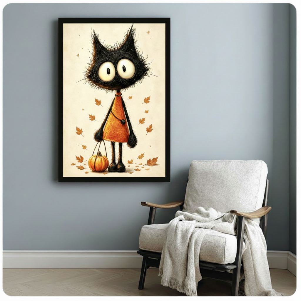 Charming Halloween vintage illustration of a tall slender anthropomorphic black cat with a wildly frizzy spiky black fur head giant round white eyes with dot pupils and an elongated thin neck dressed in a bright pumpkin orange triangular dress adorned with a black bead necklace and fine crossbody chain holding a miniature orange pumpkin on a thin string encircled by drifting warm golden maple leaves and gold star dots against a worn cream aged background dark cottagecore spooky cat autumn wall art framed po