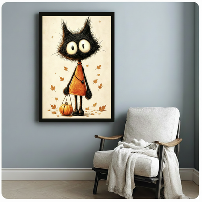 Charming Halloween vintage illustration of a tall slender anthropomorphic black cat with a wildly frizzy spiky black fur head giant round white eyes with dot pupils and an elongated thin neck dressed in a bright pumpkin orange triangular dress adorned with a black bead necklace and fine crossbody chain holding a miniature orange pumpkin on a thin string encircled by drifting warm golden maple leaves and gold star dots against a worn cream aged background dark cottagecore spooky cat autumn wall art framed po