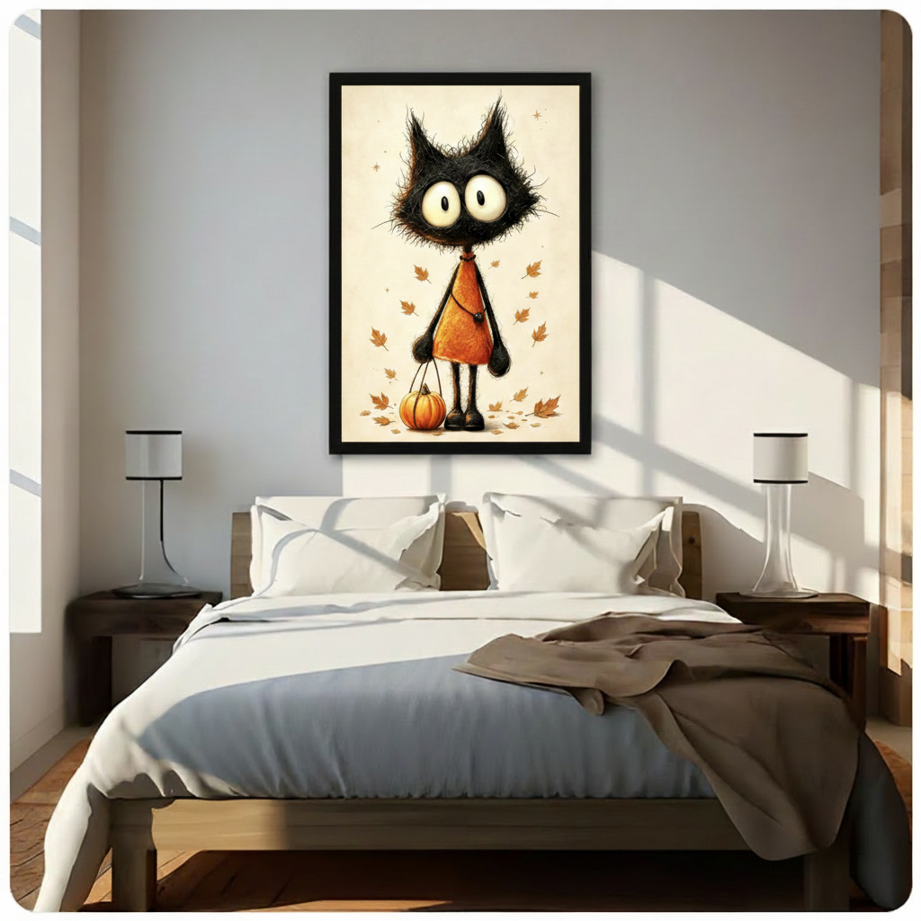 Enchanting Halloween vintage illustration of an anthropomorphic black cat character with wild spiky frizzy black fur a long slender neck oversized white round eyes and a pumpkin orange triangular A-line dress with black beaded necklace and delicate crossbody chain carrying a small orange pumpkin by a cord surrounded by gently falling golden amber autumn maple leaves and small star sparkles on a warm antique cream beige background whimsical spooky black cat fall Halloween wall art framed print hanging above 