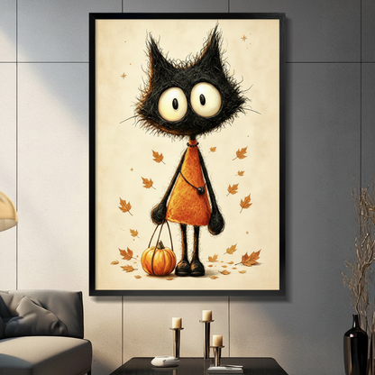 Whimsical vintage illustration of an anthropomorphic black cat standing upright facing forward with wild frizzy spiky black fur a long thin neck enormous round white eyes with small black pupils wearing a bright orange A-line triangular dress with a black beaded necklace and a slim crossbody chain holding a small orange pumpkin on a thin string surrounded by scattered golden amber falling maple leaves with tiny gold star details against an aged warm cream beige background funny spooky Halloween black cat au