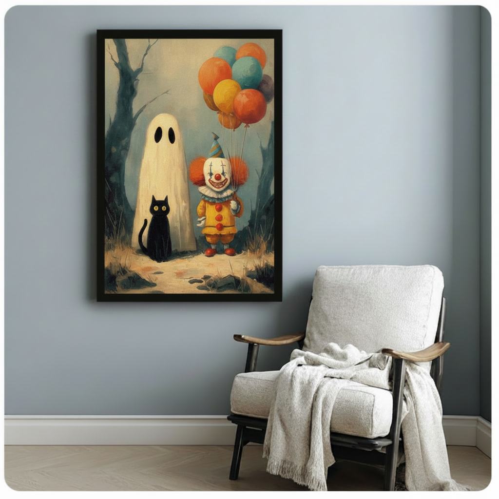 Black-framed art print of a whimsical Halloween scene with a ghost, smiling clown carrying colorful balloons, and a black cat, styled beside a white armchair on a blue-gray wall