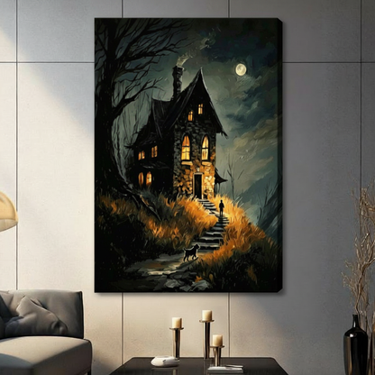 Gallery wrap canvas of a moody gothic haunted house glowing with warm amber light under a full moon, surrounded by dead trees with a black cat silhouette on a stone path, hung on a gray living room wall