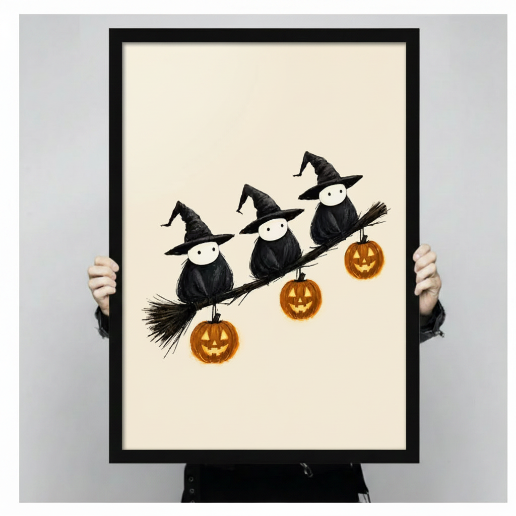 Hand-held black framed poster of three spooky witch birds perched on broomstick with Halloween pumpkins