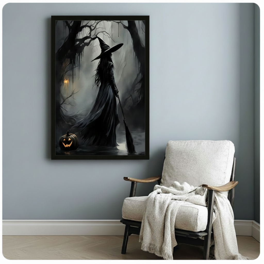 Spooky witch silhouette holding broom beside glowing pumpkin, black framed gothic art print above armchair in moody interior