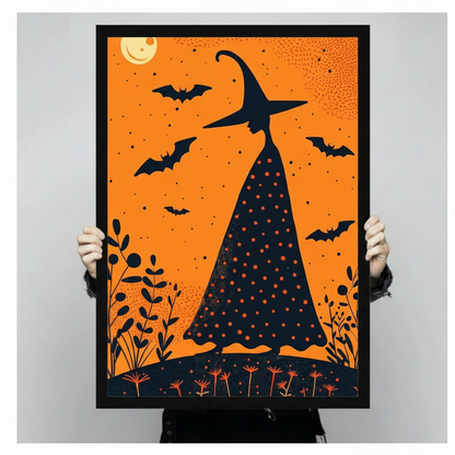 Hand-held black framed spooky witch silhouette with bats moon and botanical elements on orange Halloween wall art print
