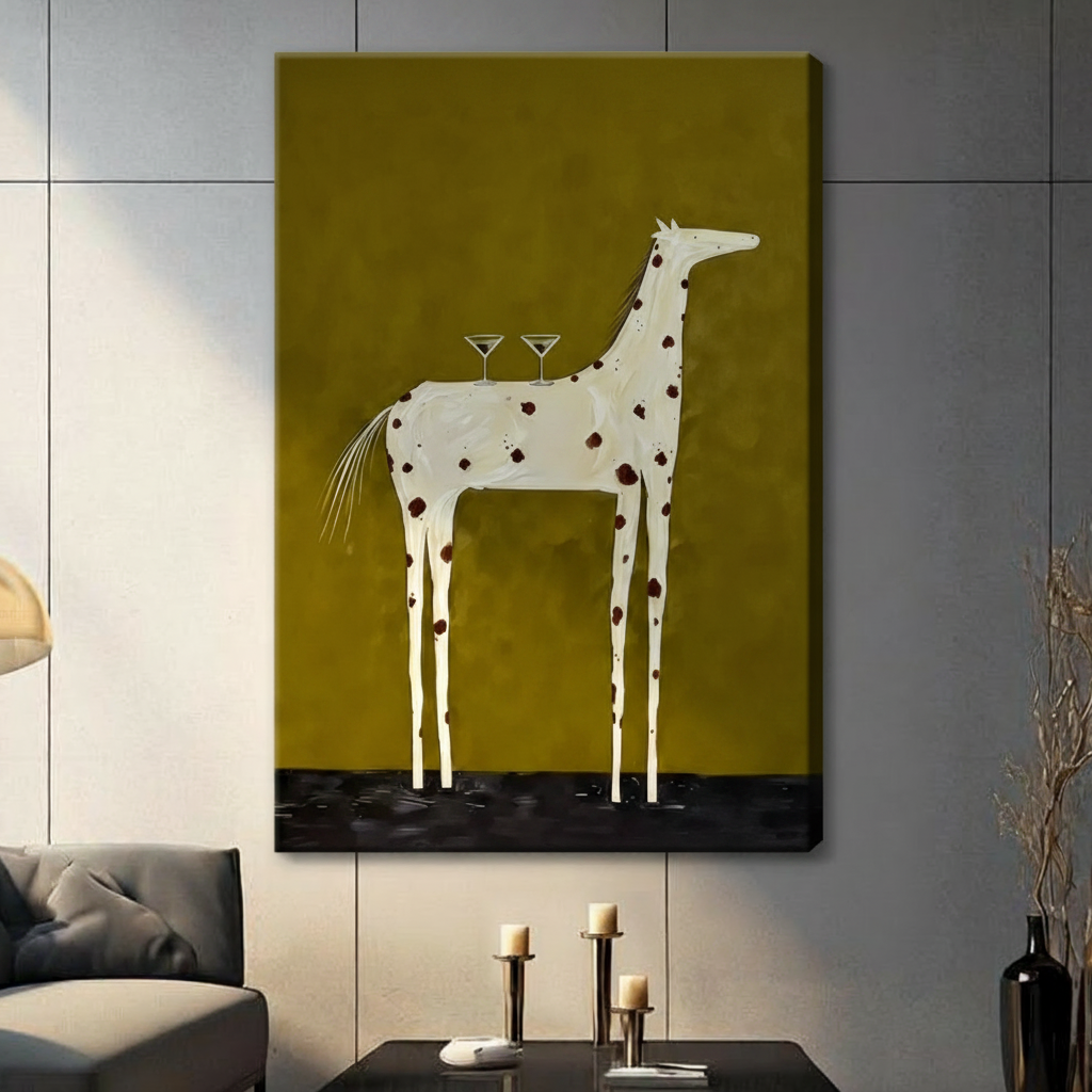 Surreal minimalist painting of an elongated white spotted horse with two cocktail glasses resting on its back standing on a dark fluid ground against a muted olive green background editorial quirky animal bar art stretched canvas in a living room with light gray large tile panel wall dark sofa candle holders and black vase