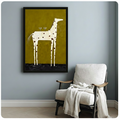 Whimsical surrealist oil painting of a long-legged white horse covered in dark brown spots balancing two martini glasses on its back while standing on a black pooling floor against a bold flat olive green background funny horse cocktail wall art framed print beside a white linen armchair with wood arms and a white throw blanket on a blue gray wall