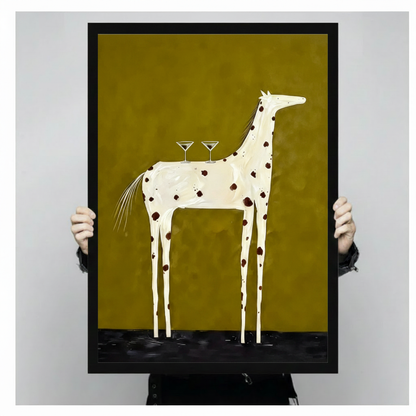 Minimalist surreal painting of a quirky thin-legged white horse with brown spots and two martini glasses balanced on its back standing on a dark liquid ground against a flat matte olive green background humorous horse bar art framed print held against a light gray background