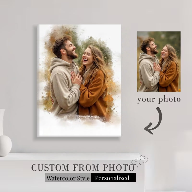 Custom Watercolor Portrait from Photo Personalized Canvas Wall Art