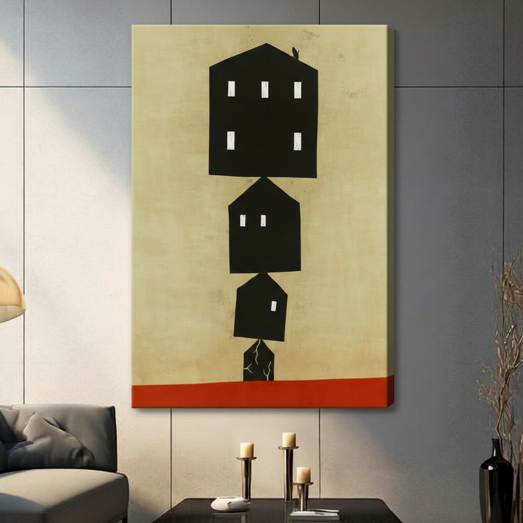 Gallery wrapped canvas art featuring four stacked black house silhouettes in minimalist style with bold red stripe, hung on dark wall