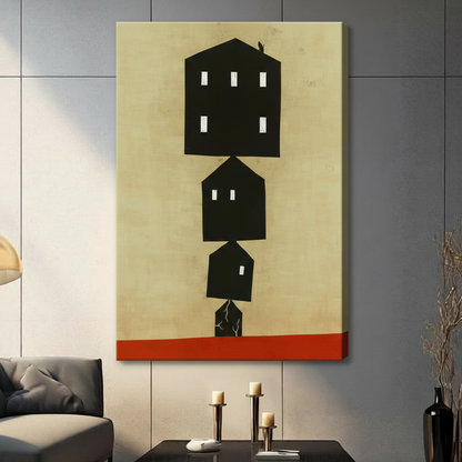 Gallery wrapped canvas art featuring four stacked black house silhouettes in minimalist style with bold red stripe, hung on dark wall