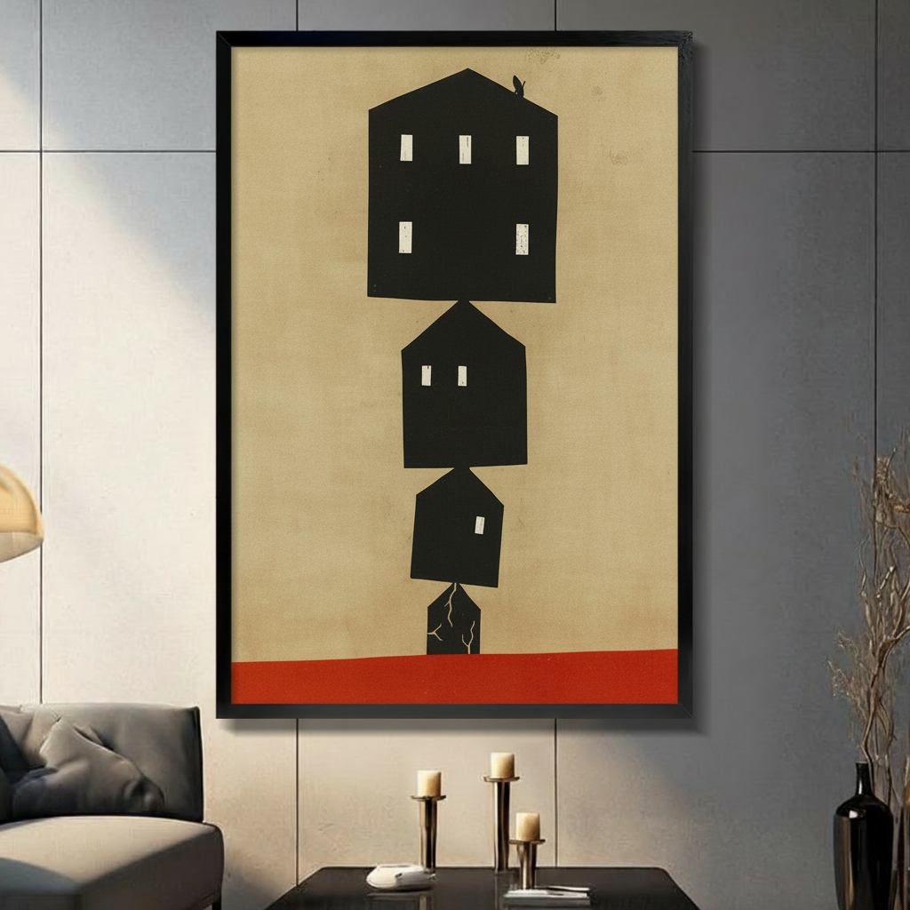 Black framed canvas print of stacked minimalist black house silhouettes on beige background with red base, displayed on dark wall above console table