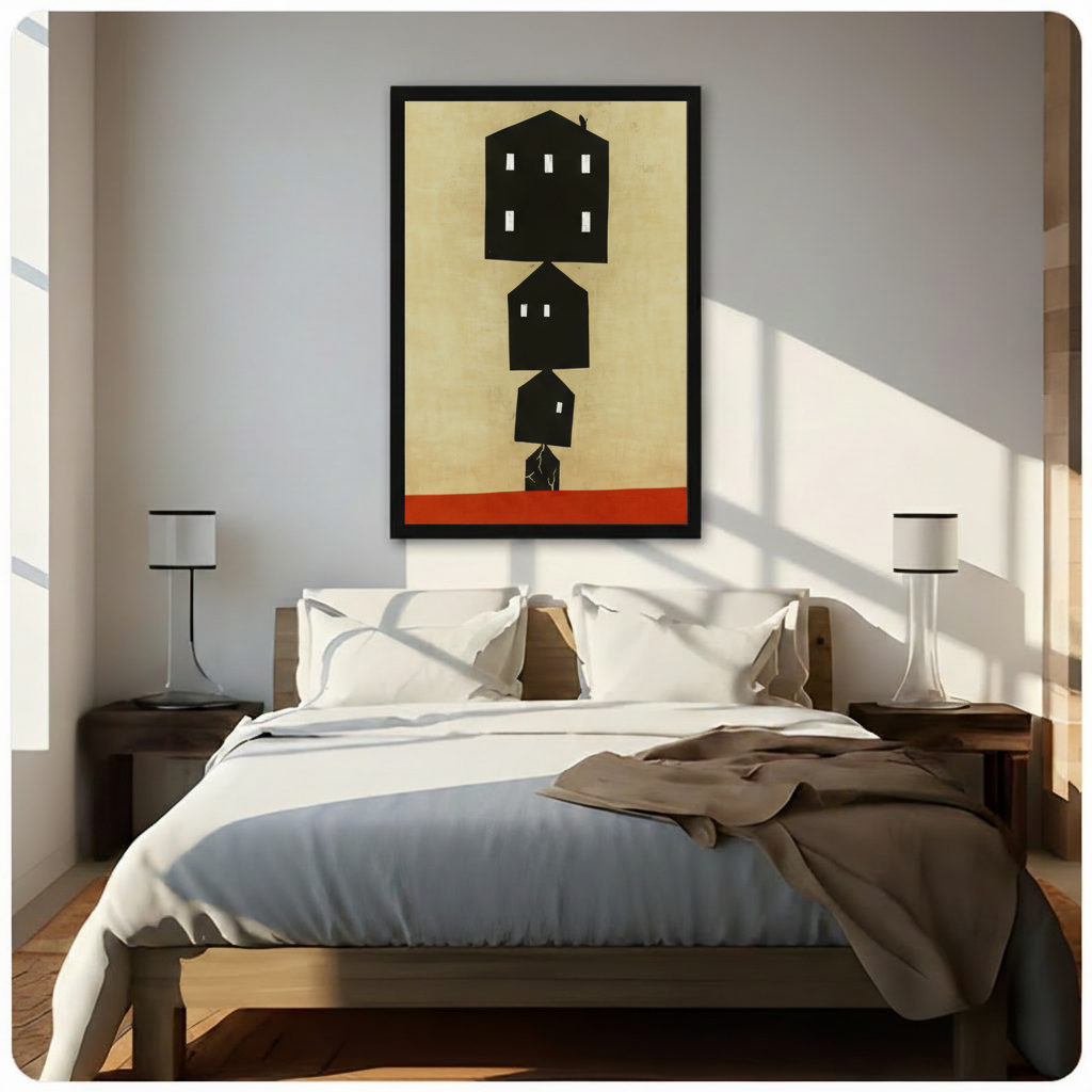 Large framed minimalist black house stack wall art above bed, featuring bold geometric silhouettes on beige with red base in bright bedroom