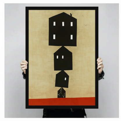 Hand-held black framed poster print showing stacked abstract house silhouettes on kraft beige background with red ground stripe