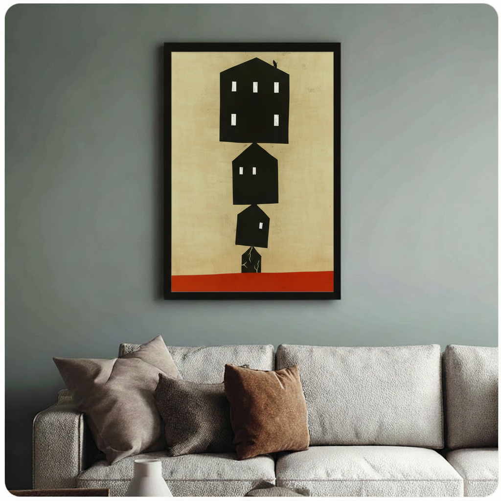 Framed minimalist wall art print of stacked black house shapes on warm beige with red accent, displayed above sofa in modern living room