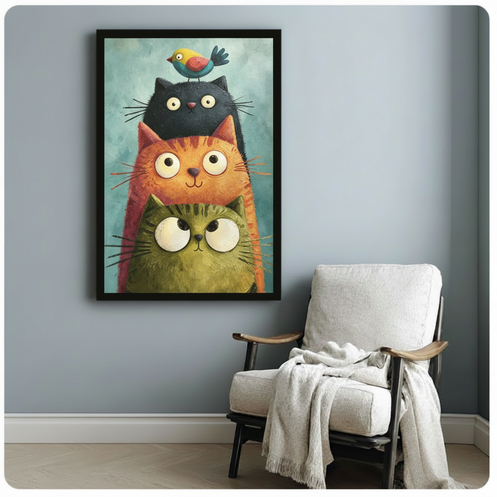 Whimsical impasto oil painting of three stacked round big-eyed cats an olive-green cat at the bottom an orange tabby in the middle and a black cat on top with a small yellow-red-blue bird perched on its head all with oversized expressive eyes against a teal-gray brushstroke background playful cat wall art framed print above a white armchair on a light gray wall