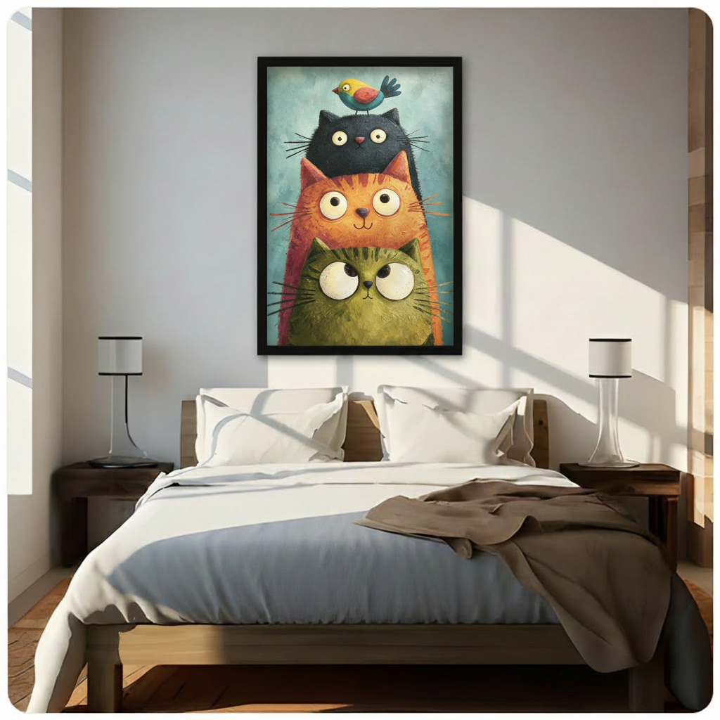 Whimsical impasto oil painting of three round big-eyed cats stacked in a tower a green cat an orange tabby and a black cat with a tiny colorful bird on top against a soft teal background adorable cat wall art framed print above a bedroom with white linen bedding and wooden bedside tables