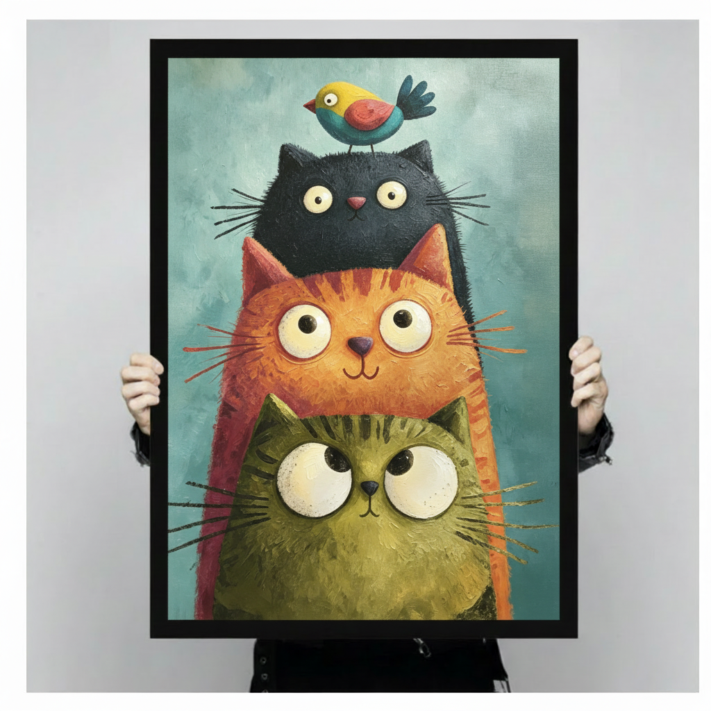 Whimsical impasto oil painting of three round wide-eyed cats stacked vertically olive green orange tabby and black with a small yellow red and blue bird on top all set against a teal-gray textured background charming cat wall art framed print held against a light gray background
